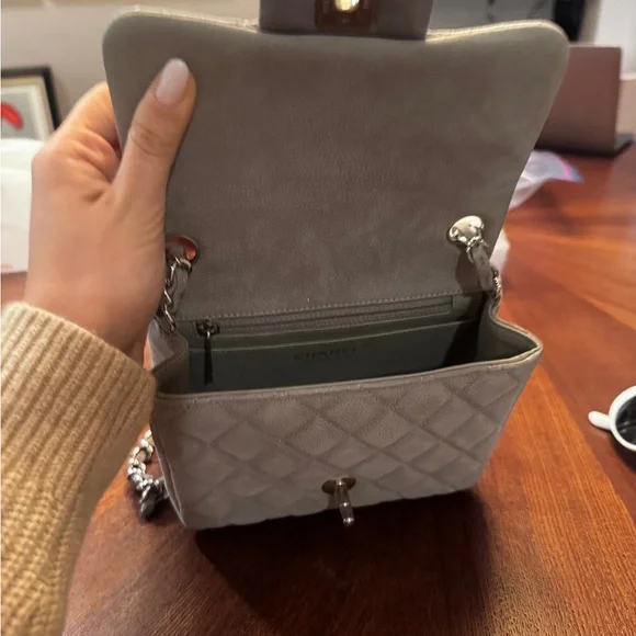 Chanel Caviar Gray Mini Classic Square Bag with Silver Chain - Picture 6 of 7